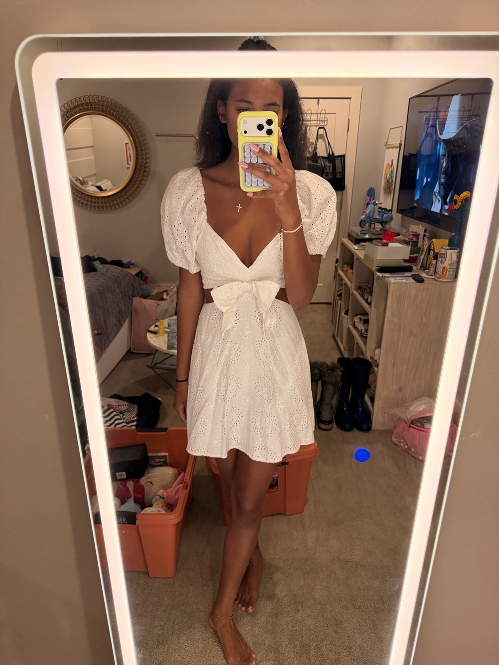 Alice + Olivia White Eyelet Puff-Sleeve Mini Dress with Waist Bow